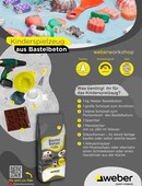 Titelbild der Bastelanleitung zum Basteln von Kinderspielzeug mit dem weber Bastelbeton. Oben im Bild sind Beispiel von buntem Spielzeug aus Bastelbeton abgebildet und darunter stehen die Dauer des Projekts und die benötigten Zutaten
