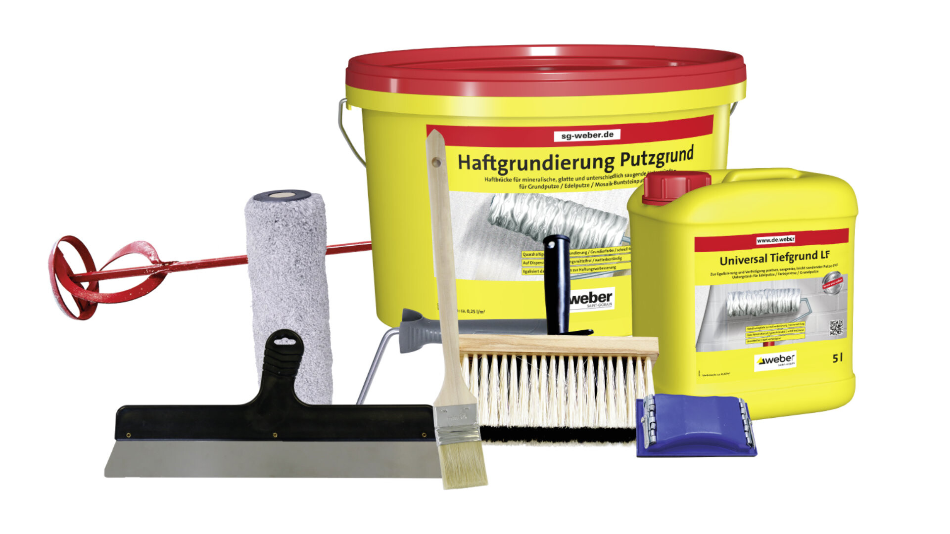 Werkzeug, welches zum Wände glatt spachteln mit dem Rollspachtel benötigt wird. Im Bild zu sehen sind ein Flächenspachtel, ein Flachpinsel, eine Malerrolle, ein Rührgerät, ein Handschleifer, ein Quast sowie die Produktverpackungen von der Haftgrundierung Putzgrund und dem Universal Tiefgrund LF.
