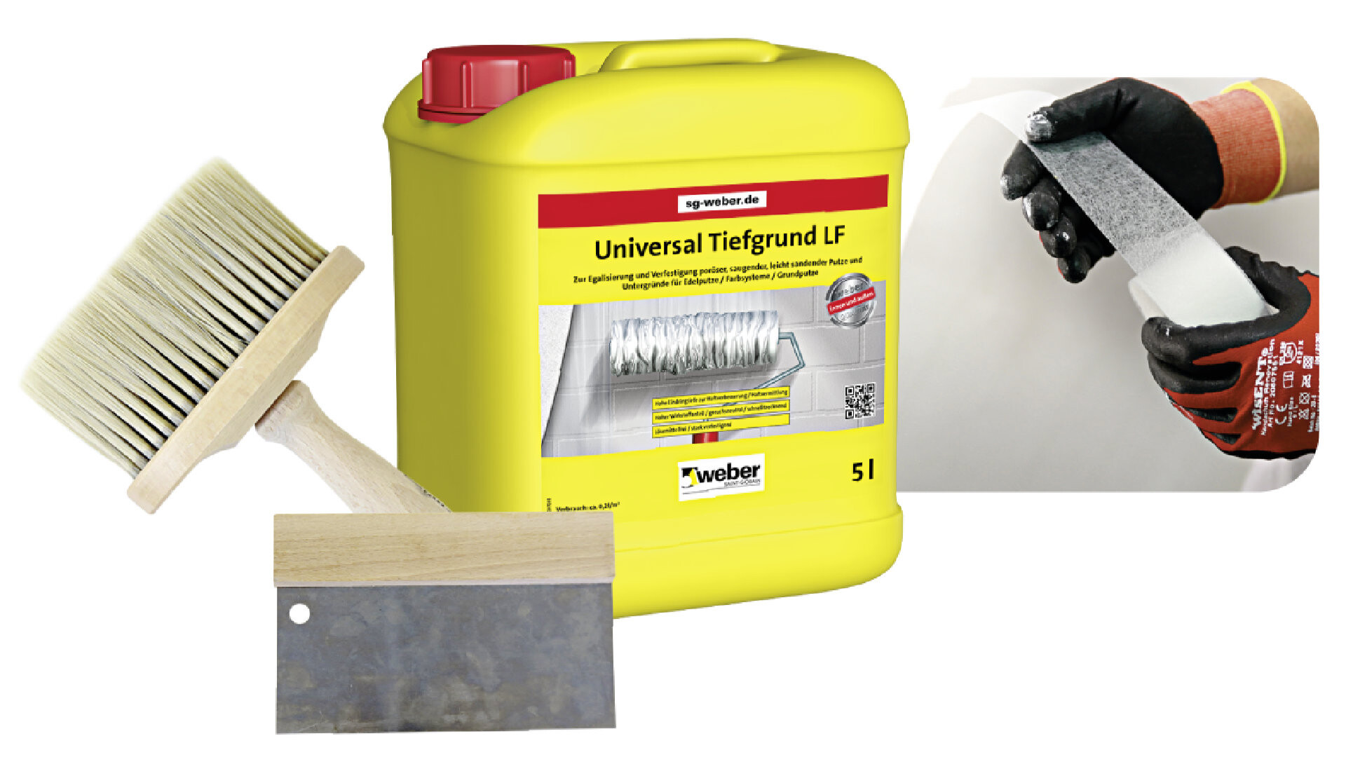 Werkzeug, welches zum Verspachteln von Fugen benötigt wird. Abgebildet sind ein Quast, ein Spachtel, die Produktverpackung des Universal Tiefgrund LF und zwei Hände, die einen Bewehrungsstreifen festhalten.