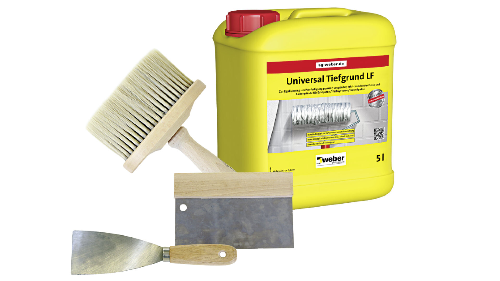 Abbildung von Werkzeug, um große Löcher in der Wand zu verspachteln. Abgebildet sind zwei unterschiedlich große Spachtel, ein Quast und die Produktverpackung des Universal Tiefgrund LF.