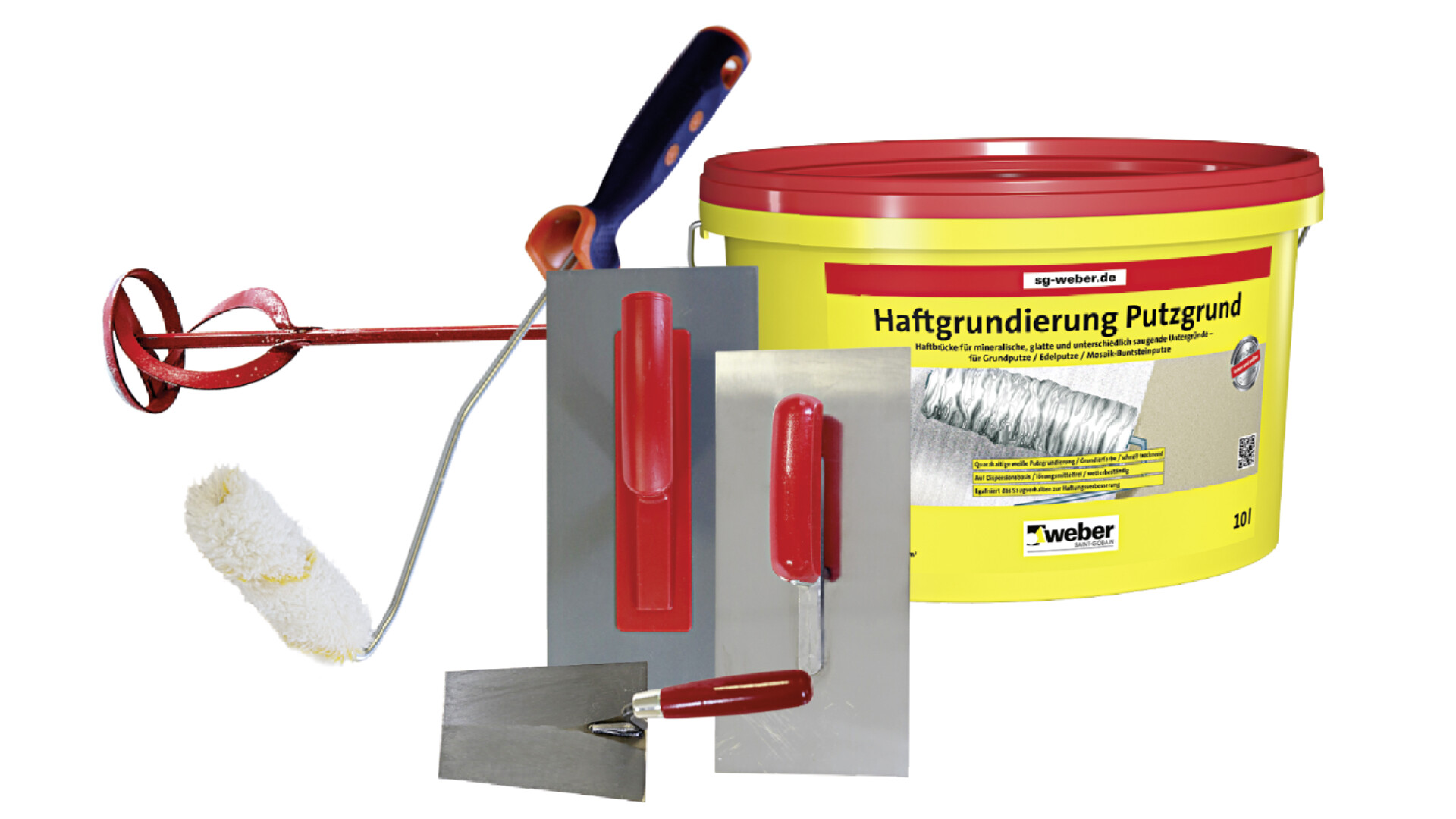 Werkzeug, mit welchem Wände mit dem Münchner Rauputz verputzt werden. Abgebildet sind ein Rührgerät, eine Kelle, ein Glätter, eine Malerrolle und die Produktverpackung der Haftgrundierung Putzgrund.