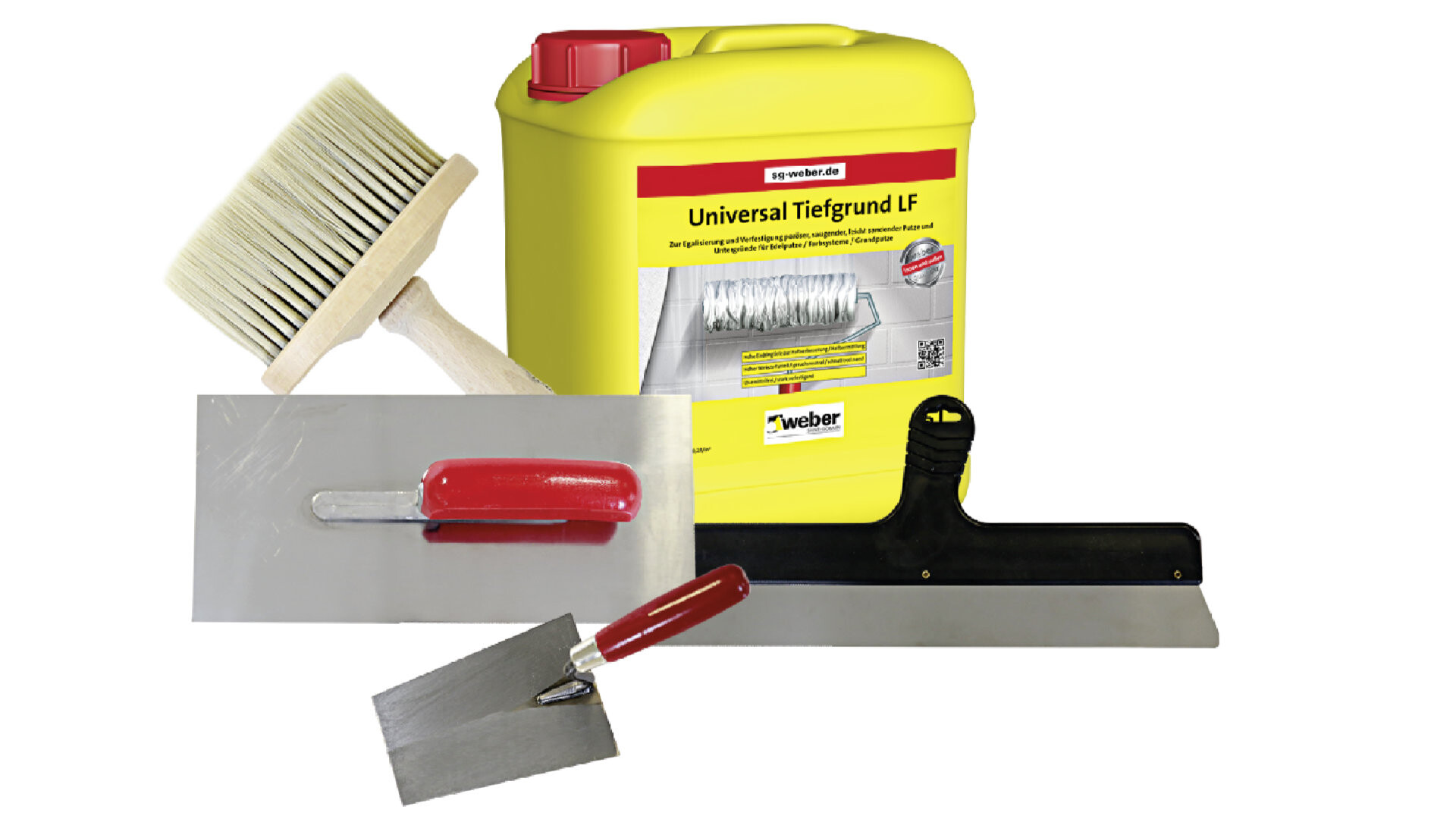 Werkzeug, welche zum Verspachteln von Wänden benötigt wird. Abgebildet ist eine Kelle, ein Glätter, ein Flächenspachtel, ein Quast und die Produktverpackung des Universal Tiefgrund LF