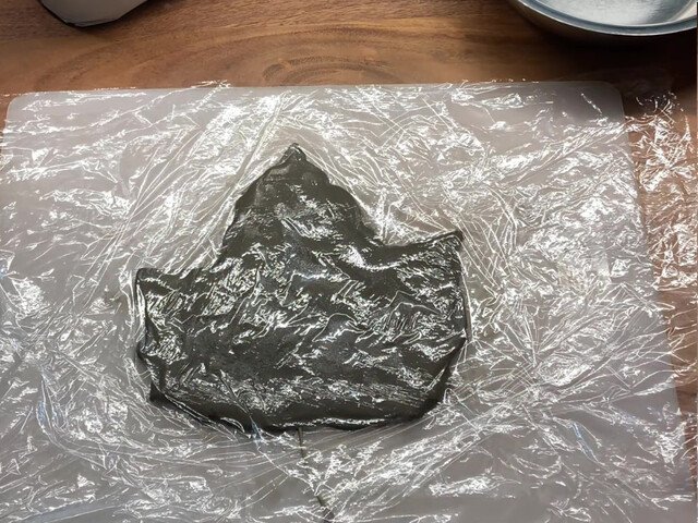 Nahaufnahme eines Laubblattes, welches auf der Rückseite komplett mit Bastelbeton bedeckt und mit Frischhaltefolie abgedeckt