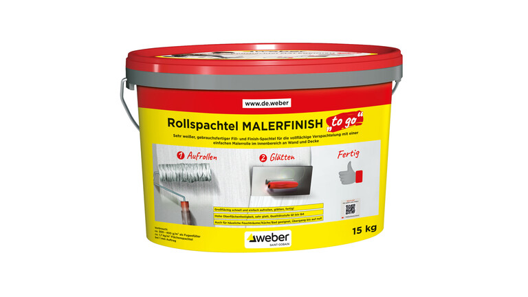 Gelber Eimer mit rotem Deckel und Etikett des weber Rollspachtel MALERFINISH "to go"